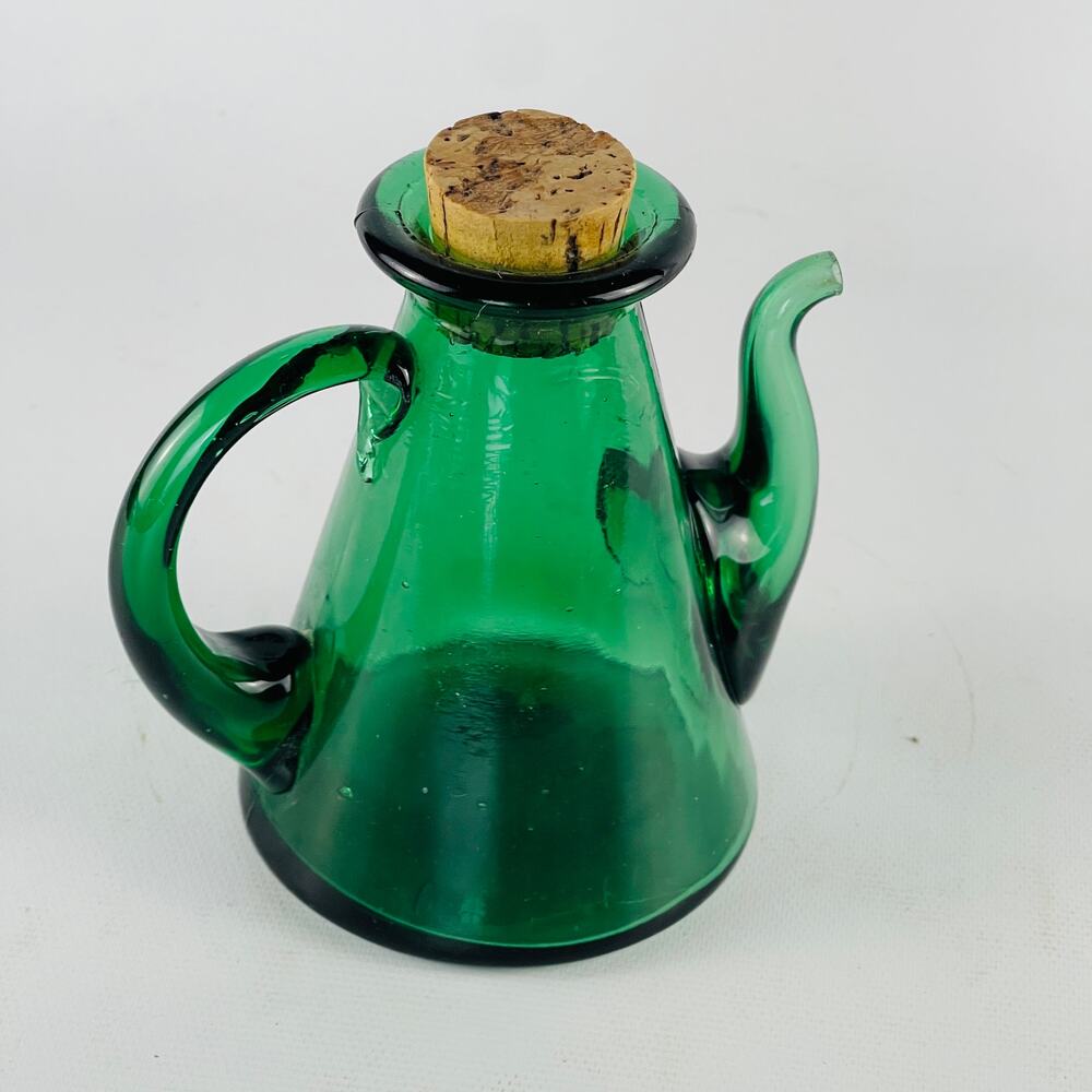 Vintage Green Glass Bottle Oil Cruet Pitcher Taiwan Republic of China  3 7/8” H